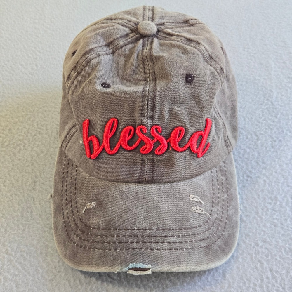 Unbranded Baseball Cap Unisex OS Brown Blessed Embroidered Distressed Cotton Hat